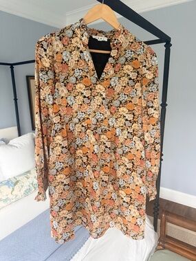 THML Floral Button-Up Tunic in Black, Orange, Cream, Blue